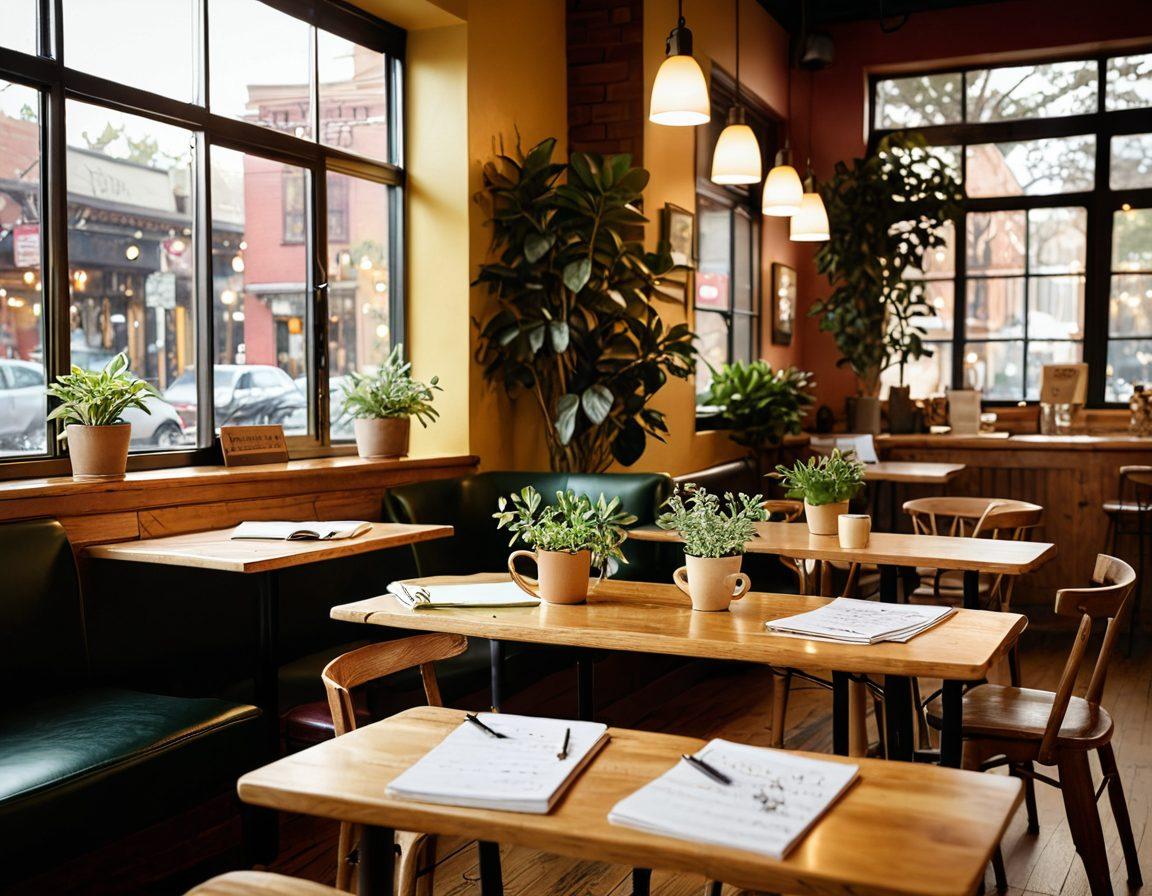 A cozy coffee shop scene with diverse singles and couples engaging in heartfelt conversations, surrounded by warm lighting and inviting decor. Include elements like coffee cups, open notebooks, and a small plant on the table, symbolizing growth and connection. The atmosphere should convey a sense of warmth, intimacy, and openness. super-realistic. vibrant colors. soft focus.