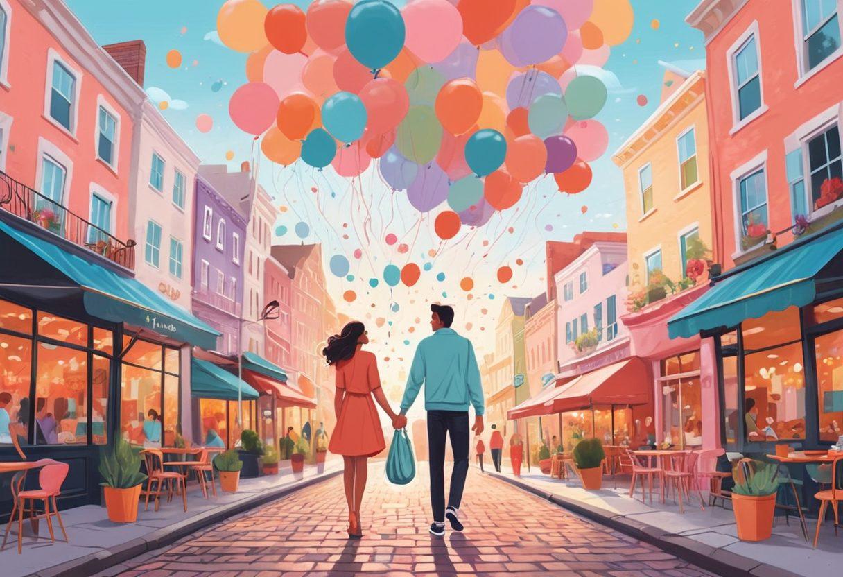 A whimsical illustration of a couple walking hand-in-hand through a vibrant cityscape filled with diverse dating elements like coffee shops, parks, and love letters floating in the air. Around them, colorful thought bubbles depict modern dating tips like 'Be yourself' and 'Stay positive'. Soft pastel colors create a warm, inviting atmosphere. vector art. vibrant colors. 3D elements.