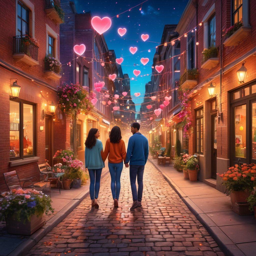 A vibrant digital landscape featuring diverse couples engaging in various online dating activities, such as swiping on mobile apps and video chatting. Include symbols of love like hearts, chat bubbles, and profile pictures in a whimsical arrangement. The background should showcase a mix of urban and romantic elements, portraying the blend of technology and intimacy. Enrich the scene with warm tones and soft lighting to evoke connection and warmth. vector art. vibrant colors.
